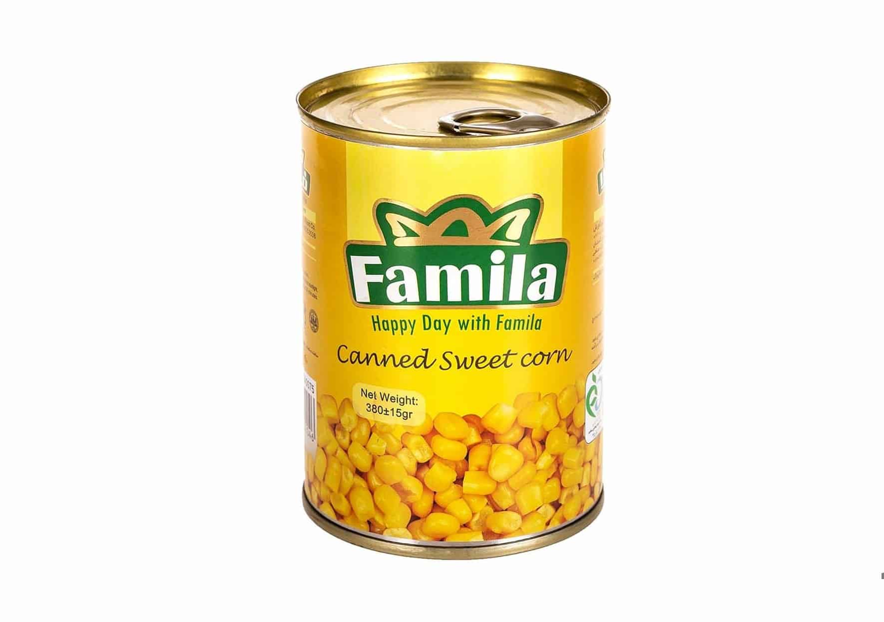 کنسرو ذرت ۳۸۰ گرمی فامیلا با پخت دقیق و استاندارد